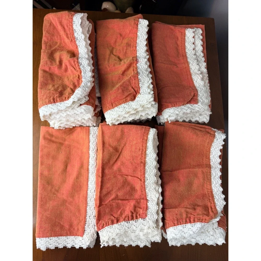Pier 1 Imports Salmon Lace Chambray‎ Napkins Set of 22 Orange Cotton Crochet